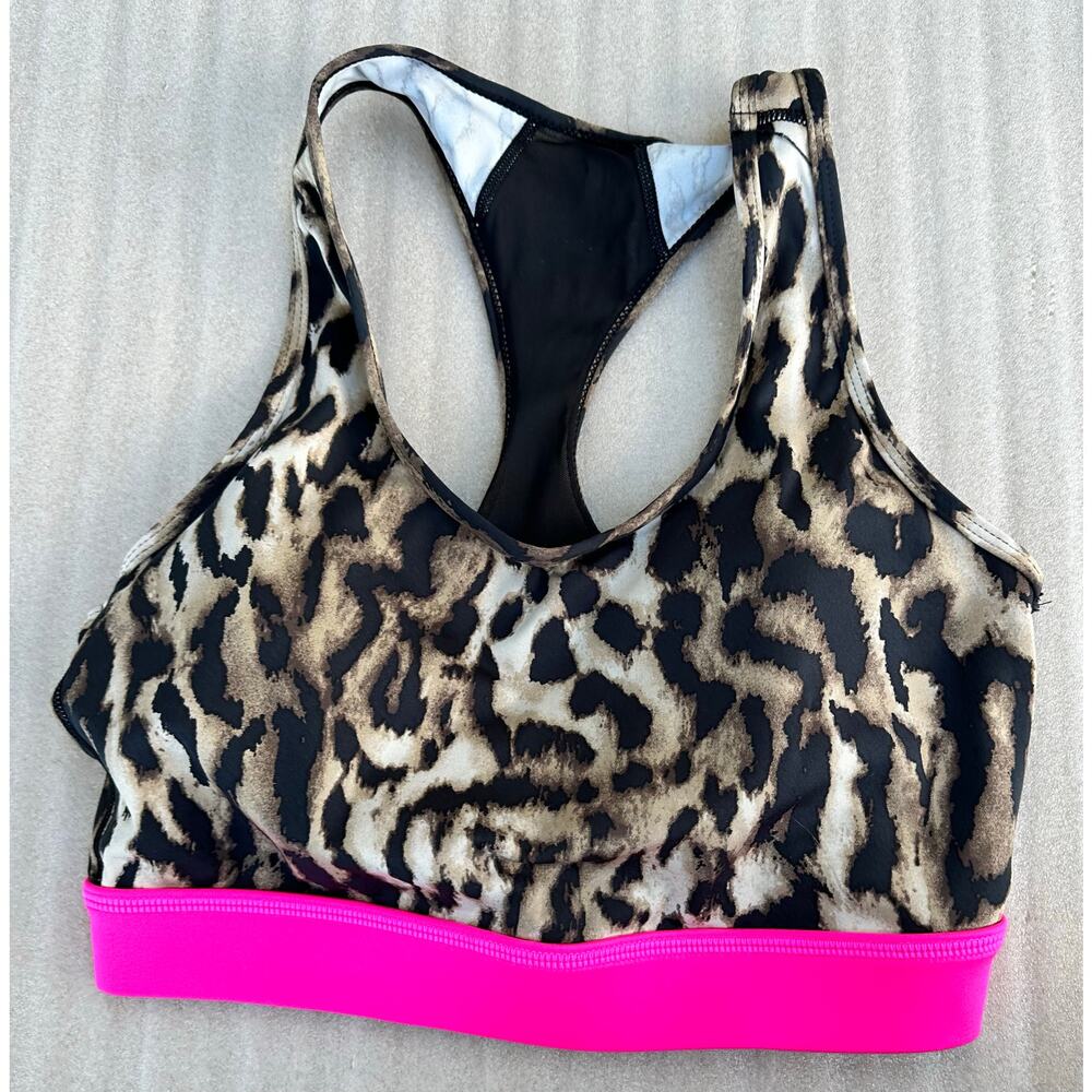 EUC Rise by Lularoe Leopard Print Sports Bra Pink Band Racerback Size Medium